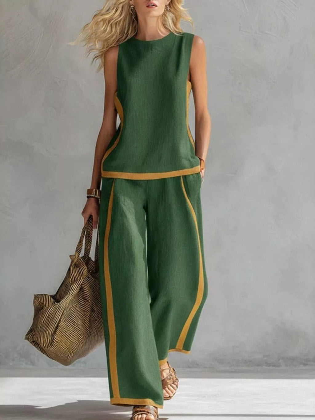 Plus size contrast stripe sleeveless top and wide-leg pants set by Plush Fashion Hub, stylish and comfortable lounge outfit.