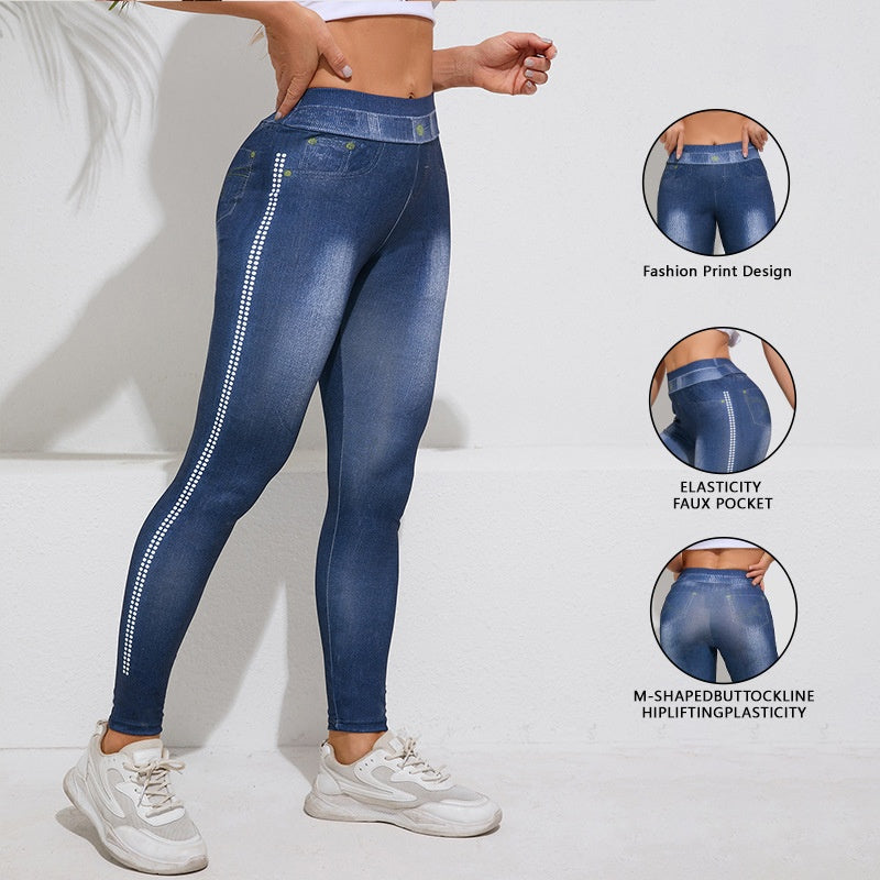 Retro denim-look FitiqueFit butt-lifting yoga leggings with high elasticity, designed for fitness and comfortable movement.