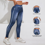 Retro denim-look FitiqueFit butt-lifting yoga leggings with high elasticity, designed for fitness and comfortable movement.