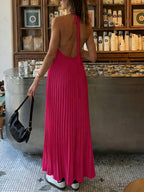 Elegant black halter neck pleated backless maxi dress for formal events, stylish dress from Trendsi.