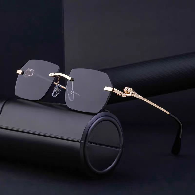 Gold frame cheetah rimless sunglasses by FitiqueFit, featuring hip-hop style eye wear with bold, modern design and unique pattern.