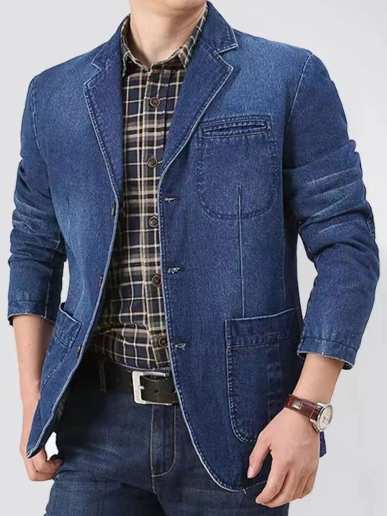 Plus size men's denim blazer jacket by Simply Love, featuring a button-down front and classic denim design.