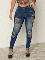 Distressed skinny denim jeans from Plush Fashion Hub, featuring a fitted style with ripped details and a casual, trendy look.