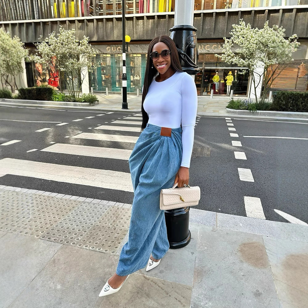 Women’s high-waisted wide-leg washed denim pants by Plush Fashion Hub, showing the relaxed fit and stylish design.