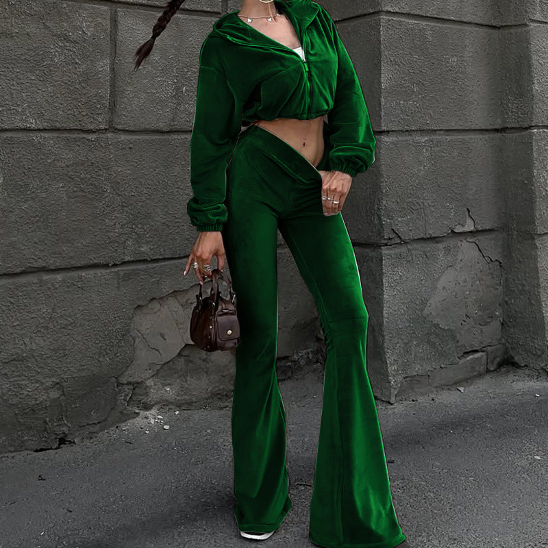 Women's autumn casual velvet high-waist top and flared pants two-piece set, featuring stylish and comfortable fashion from LadyShow.Store.