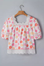 Polka Dot Lace Trim Square Neck Puff Sleeve Blouse