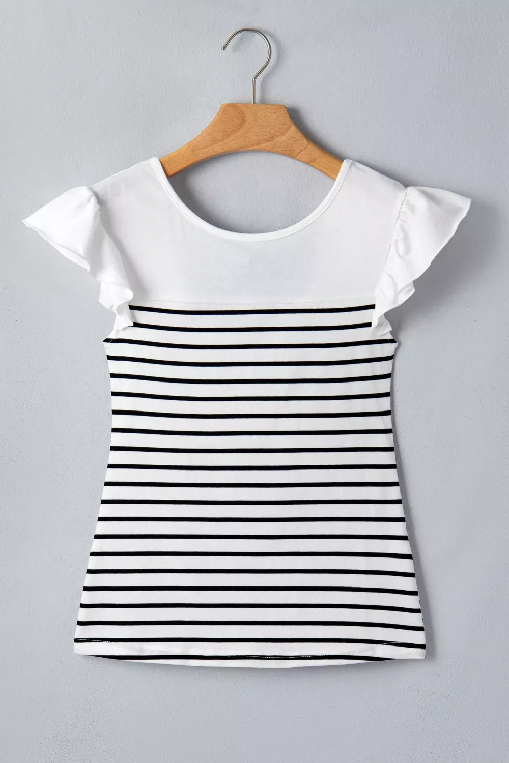 Stripe contrast knot back ruffle trim tank top by Plush Fashion Hub, featuring a stylish design with ruffles and a knotted back detail.