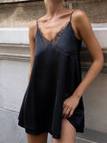 Backless satin slip dress with lace trim V-neck, FitiqueFit mini dress featuring elegant, smooth fabric and delicate detailing.