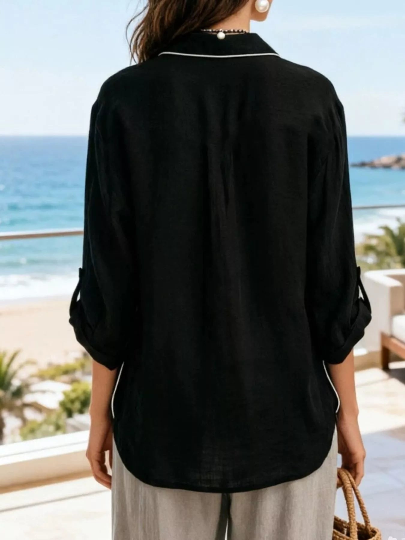 Shopimist contrast trim button-up long sleeve shirt with tailored fit and stylish design, shown on a white background.