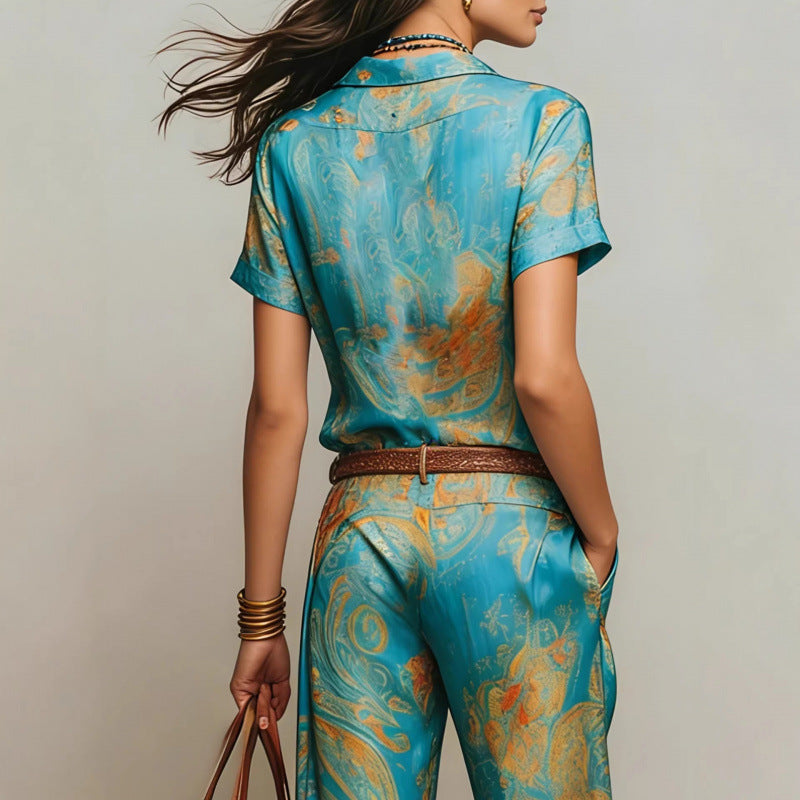 Women's Bohemian printed resort two-piece set by FitiqueFit featuring 3/4 sleeve shirt and matching pants, casualwear style.