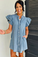 Light blue Sasha short sleeve mini dress by Threaded Pear, featuring a fitted bodice and flared skirt, displayed on a hanger.