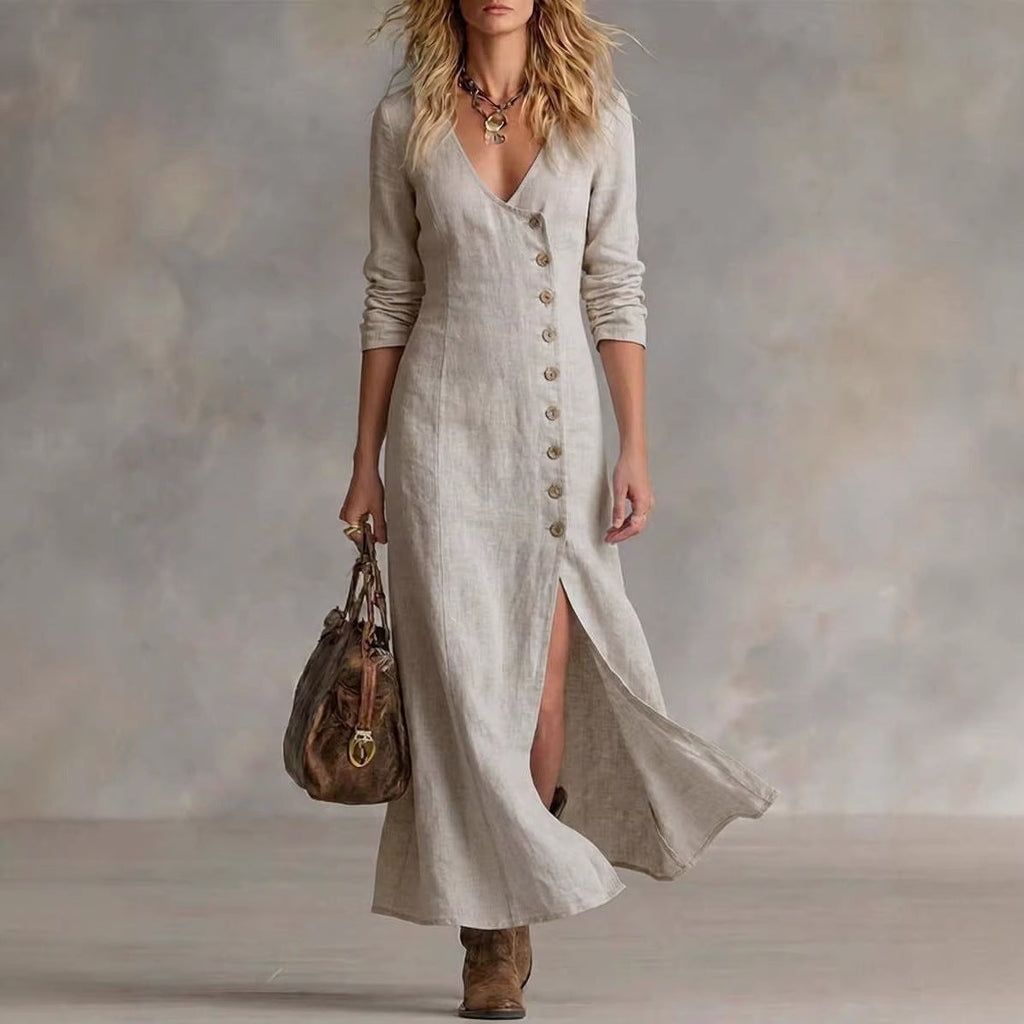 Casual cotton linen long sleeve women's dress by FitiqueFit, featuring a relaxed fit and natural fabric for comfortable style.