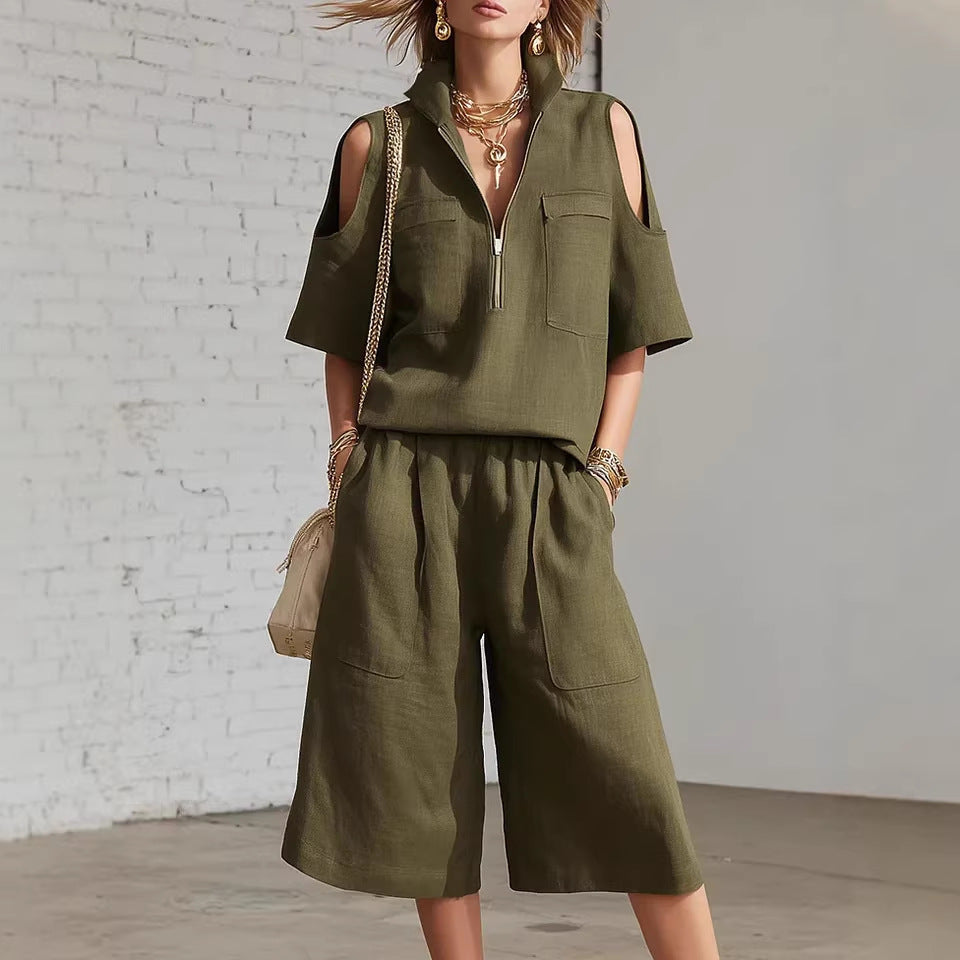 Casual two-piece set with short-sleeve shirt and loose shorts in neutral tones, from Plush Fashion Hub.