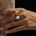 18K gold-plated orb and pearl open ring featuring a stylish design, perfect for elegant jewelry collection.