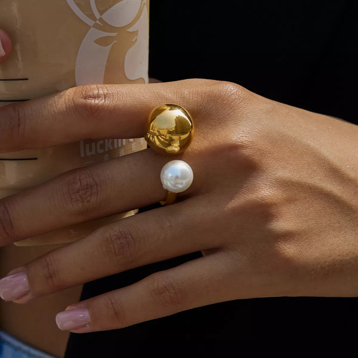 18K gold-plated open ring featuring an elegant pearl and orb design, crafted by Plush Fashion Hub.