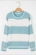 Two-tone striped patchwork drop shoulder loose sweater by Simply Love, featuring a casual, relaxed fit with multicolor design.