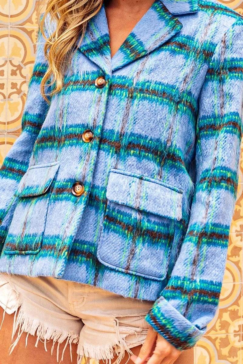 Shopimist BiBi Flap Pockets brushed vintage plaid jacket with button closure and classic style, shown on a mannequin.