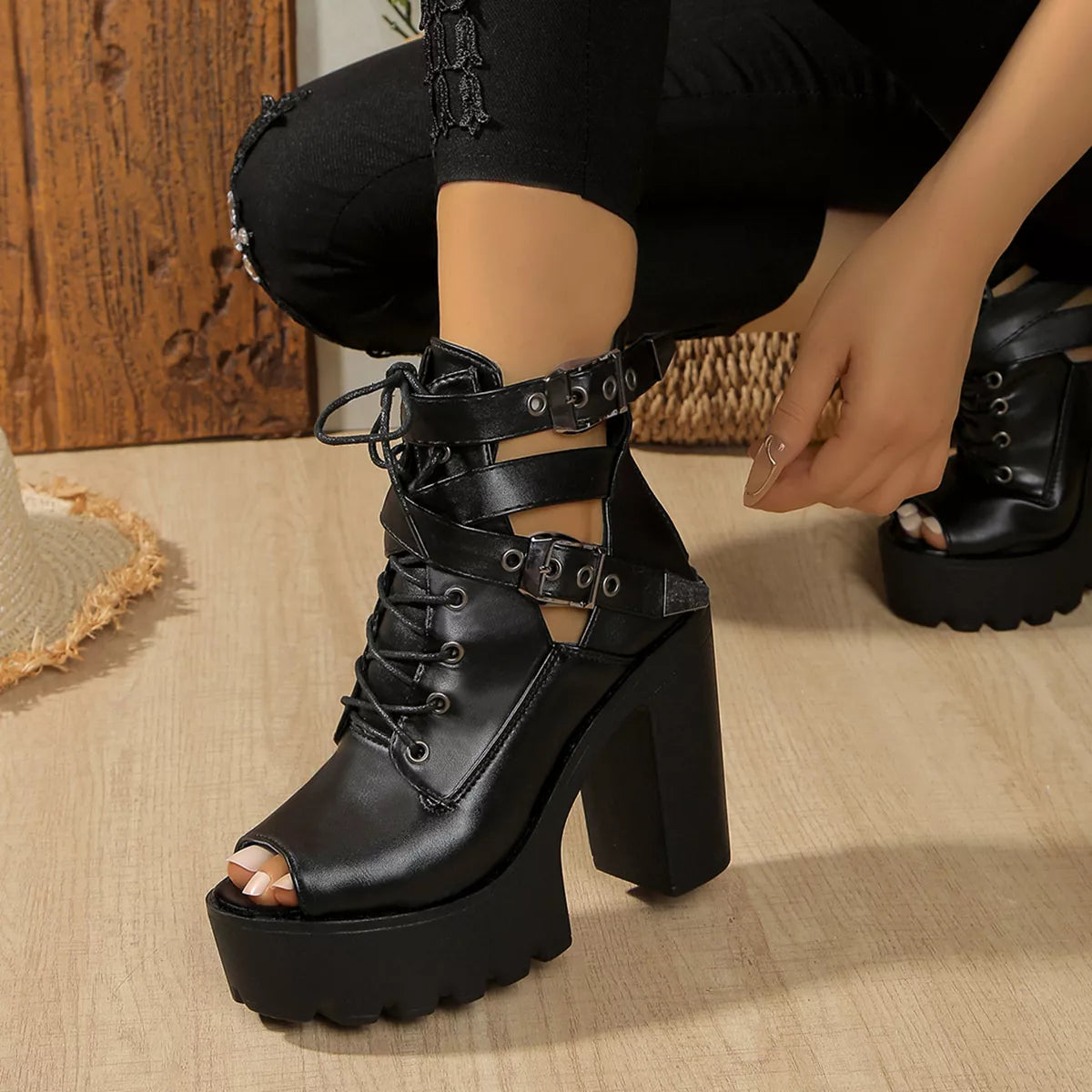 Plush Fashion Hub lace-up block heels sandals with open toes and ankle straps, stylish footwear for summer or casual wear.