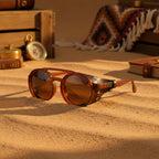 Retro round leather frame sunglasses with vintage style and dark tinted lenses, featuring a classic design from Plush Fashion Hub.