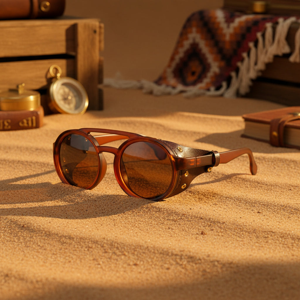 Retro round leather frame sunglasses with vintage style and dark tinted lenses, featuring a classic design from Plush Fashion Hub.