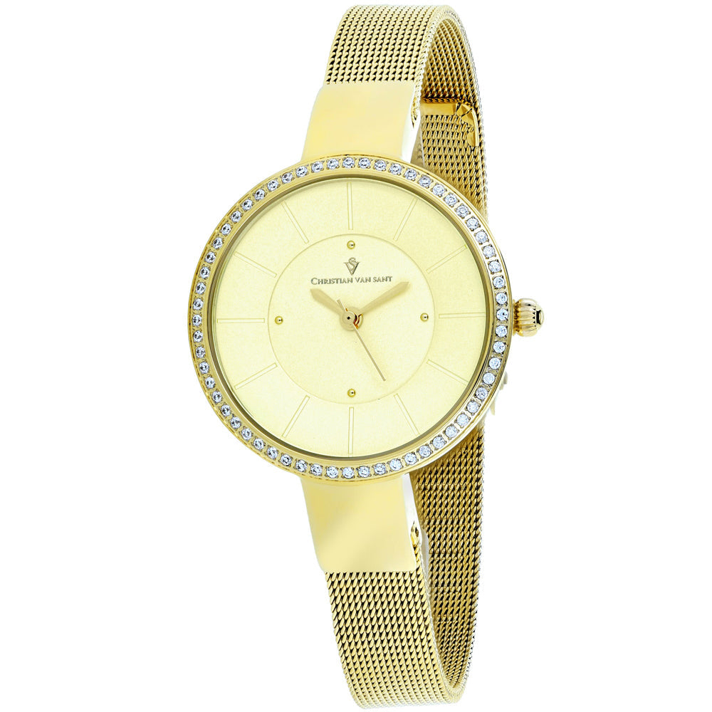 Christian Van Sant Women's Reign watch with a sleek silver band and round face, stylishly displayed on a white background