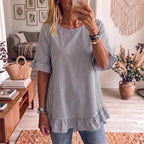Women's striped ruffle-sleeve loose-fit blouse with three-quarter sleeves, casualwear by FitiqueFit, shown on a hanger.