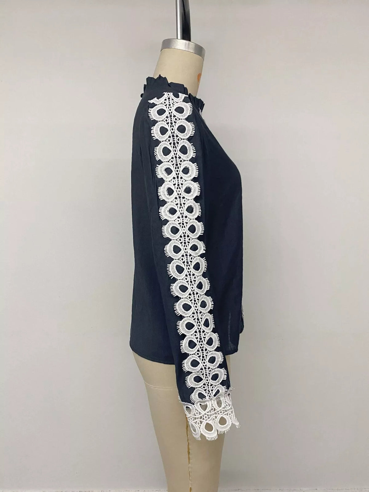Lace trim long sleeves blouse with delicate detailing, stylish and feminine, perfect for casual or dressy occasions.