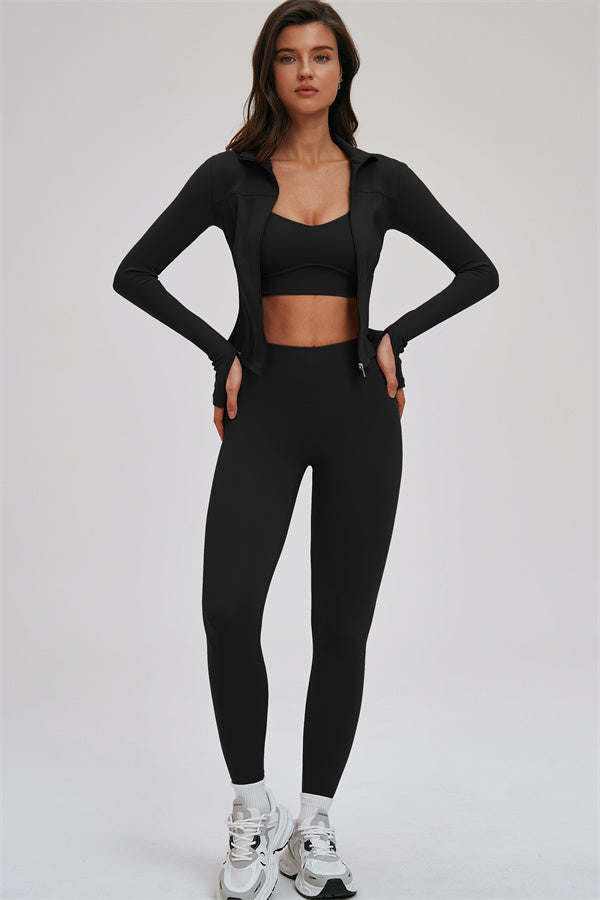 Fitglutes Activewear 3-piece set includes a zip jacket, cross-back sports bra, and leggings for gym and workout activities.