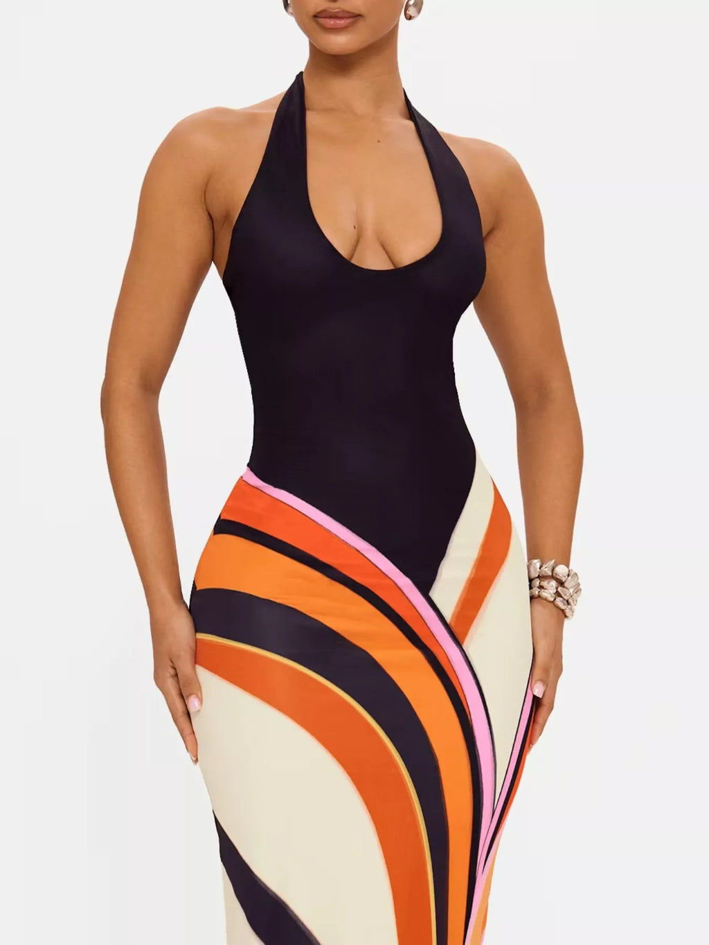 Shopimist halter neck maxi dress with an abstract print, flowing fabric, and stylish design perfect for summer or casual occasions.