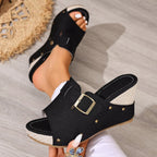 Open toe wedge sandals by Plush Fashion Hub featuring a stylish design with comfortable straps and a sturdy wedge heel.