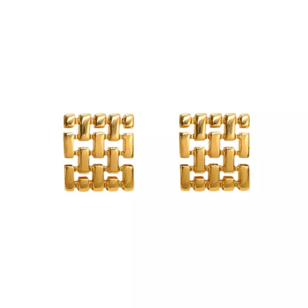 18K gold-plated geometric stud earrings with modern angular design, crafted by Shopimist, displayed on a white background.