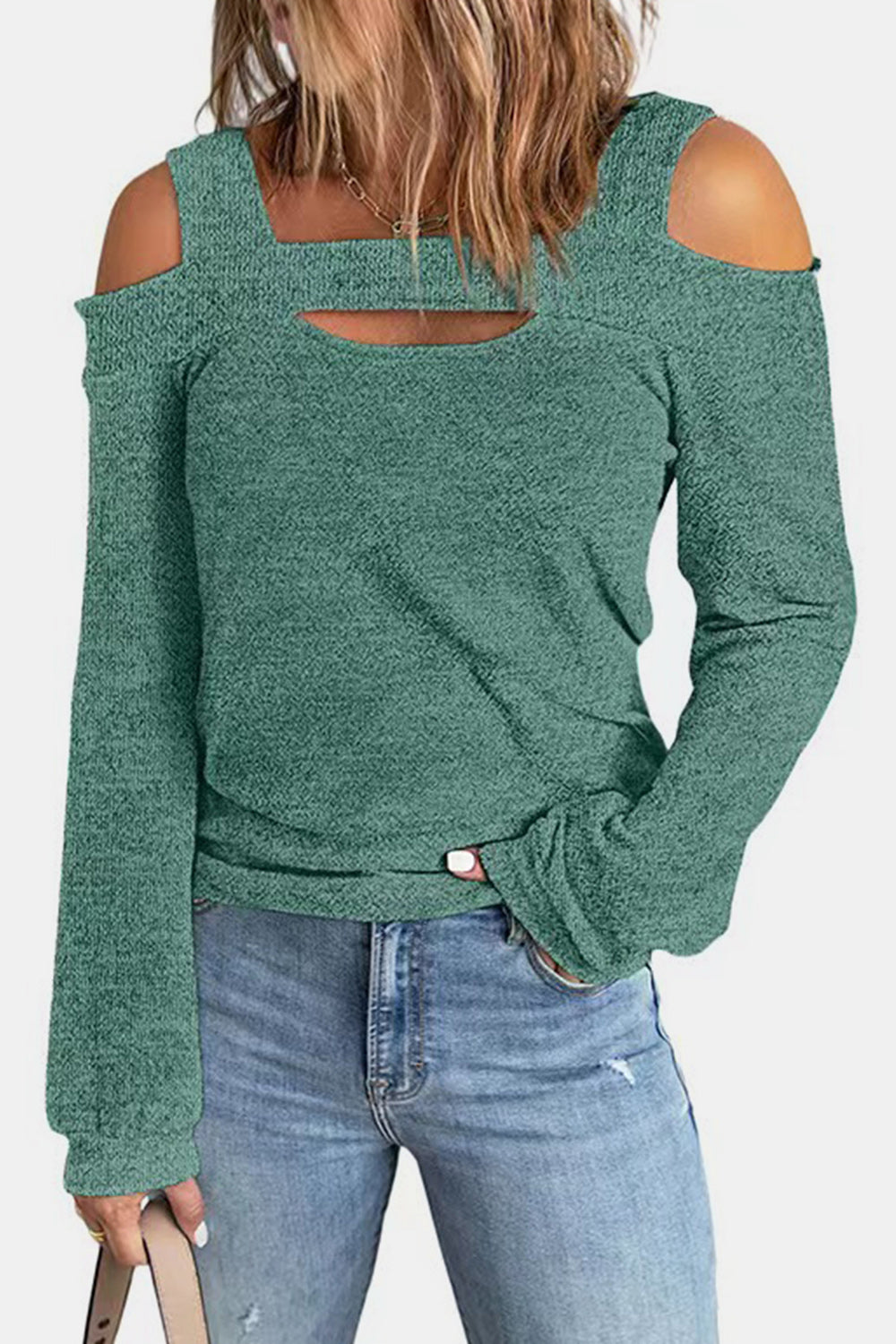Women's elegant cold shoulder blouse by Trendsi, featuring a chic cutout design and casual polyester fabric.