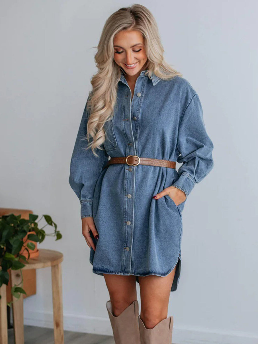 VYSN denim dress with button-up front and long sleeves, featuring a collared neckline and classic casual style.