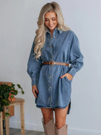 VYSN denim dress with button-up front and long sleeves, featuring a collared neckline and classic casual style.