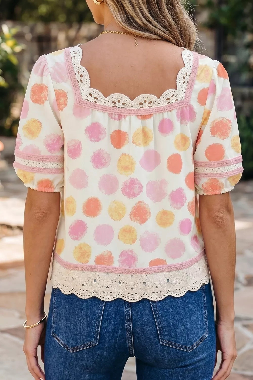 Polka dot lace trim square neck puff sleeve blouse by Plush Fashion Hub, showcasing a stylish design with lace details.
