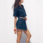 Women's loose denim shirt and pants two-piece set by FitiqueFit, featuring cotton fabric and casual, comfortable style.