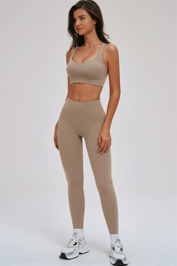Fitglutes Activewear Kinetic Cross Back Sports Bra and Leggings 2-piece set, black workout clothes with supportive cross-back design