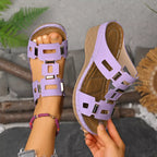 Shopimist open toe wedge sandals with tan leather straps and cork platform, stylish summer footwear for women.