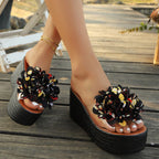 Shopimist floral decor platform wedge sandals with colorful floral accents and cushioned footbed for comfortable summer wear.