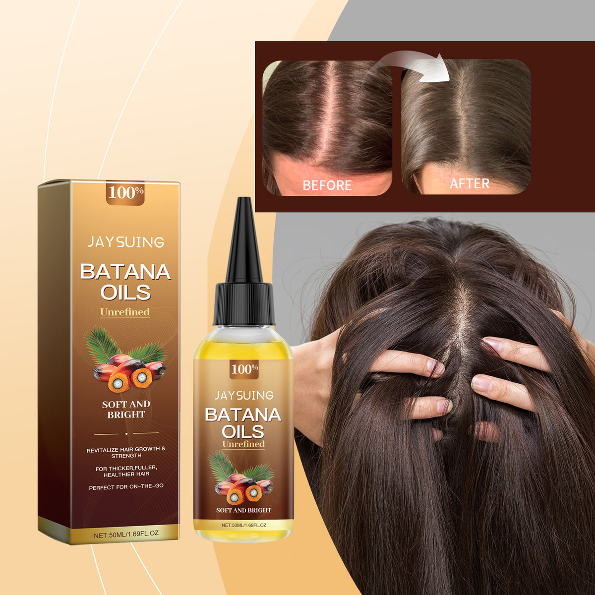 Jaysuing Batana Oil bottle and box with gold label, showing before and after hair growth results.