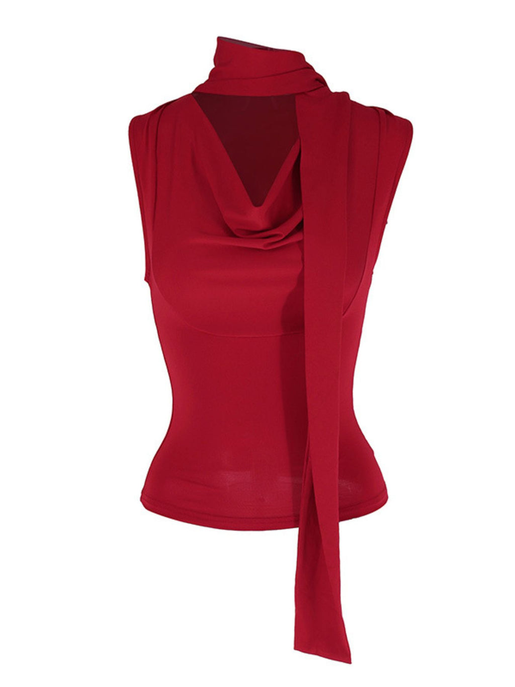 Elegant satin-feel sleeveless cowl neck blouse with ruched details, versatile trendy cami top by Trendsi.