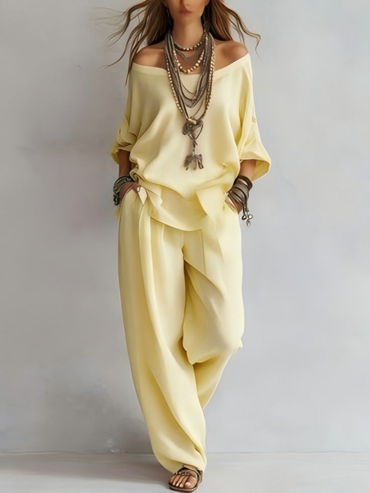 FitiqueFit chiffon puff-sleeve top and wide-leg pants set in a casualwear style, shown in a light pastel color.