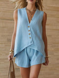 Women's cotton-linen V-neck sleeveless top and shorts set by FitiqueFit, casualwear, featuring button details and lightweight fabric.