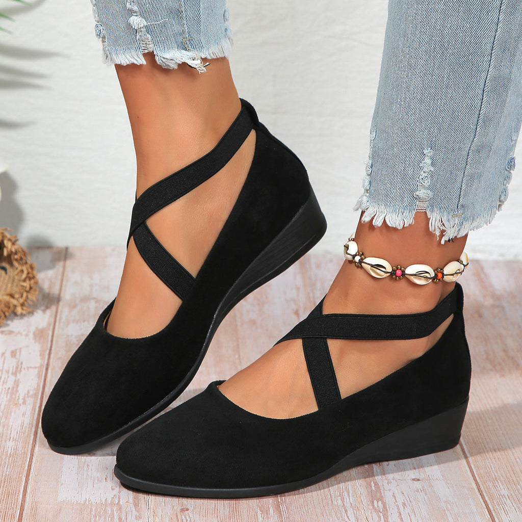 Plush Fashion Hub elastic band platform wedge pumps in various colors, EU sizes 35–43, featuring stylish heel design.