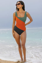 Threaded Pear Oakleigh padded square neck one-piece swimsuit in black, featuring a sleek design and comfortable fit.