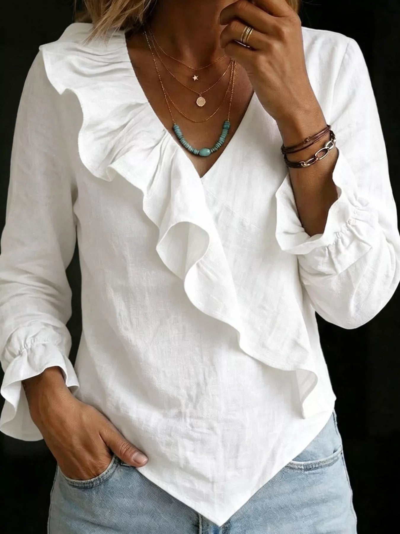 Plus size long sleeve ruffled blouse by Trendsi, stylish top with feminine ruffle details and full-size fit, shown on a model.