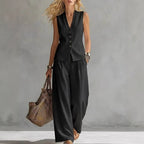 Women's solid linen sleeveless tank top and full-length pants set by FitiqueFit, casualwear outfit in light, breathable fabric.