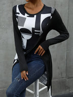 Trendsi Perfee geometric round neck long sleeve T-shirt, stylish tops with a modern geometric design and long sleeves.