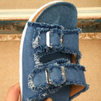 Shopimist frayed edge buckle sandals with ankle straps and open toe design, showcasing stylish summer footwear.