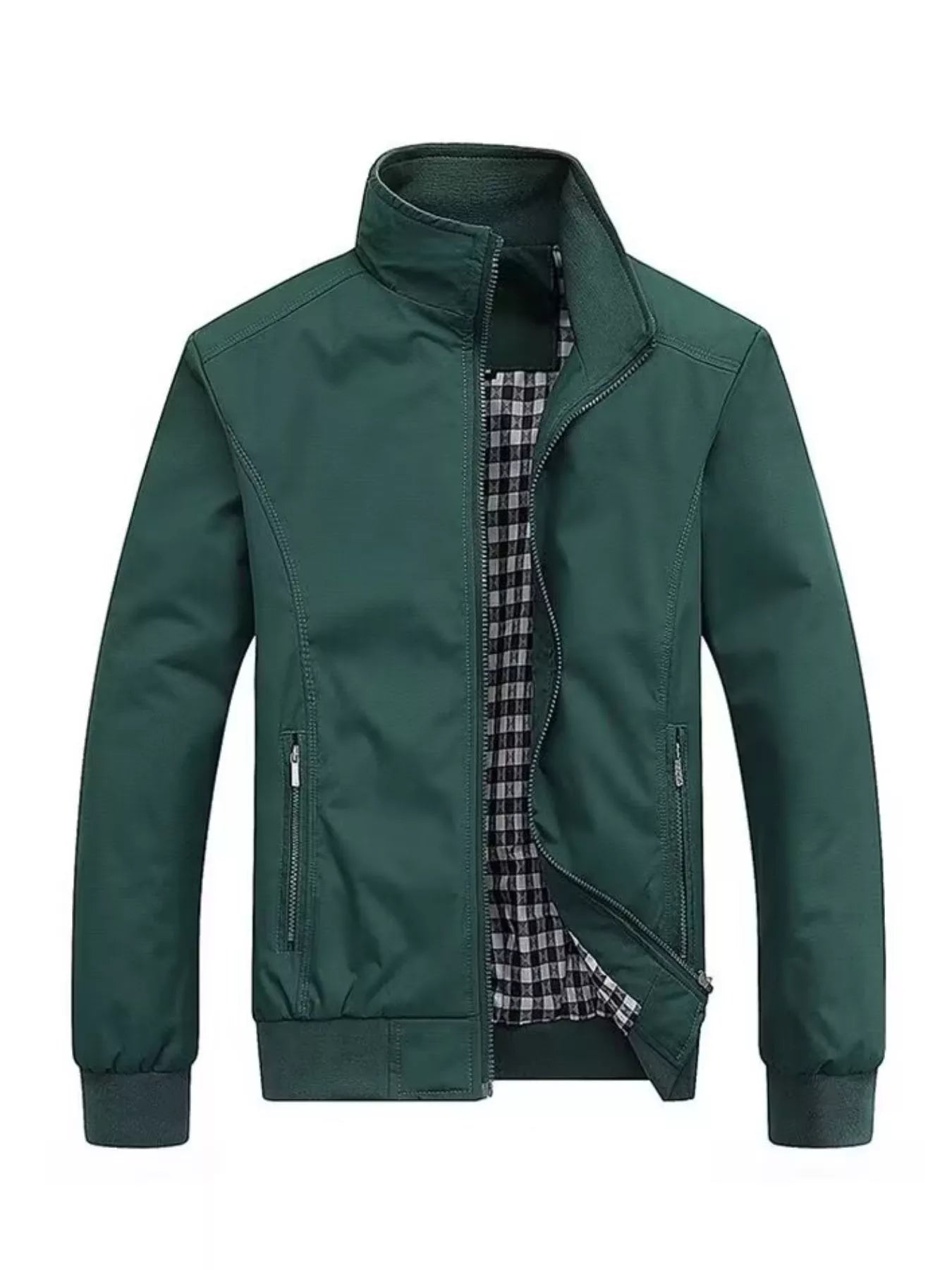 Men's plus size casual lightweight jacket with stand collar, black, Shopimist brand, front view, breathable and comfortable fit.